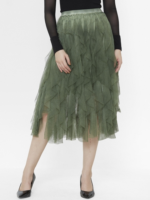 

bebe Women Olive Green Ruffle Trim Mesh Skirt