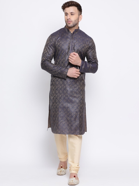 

NAMASKAR Men Navy Blue Jacquard Self Design Kurta
