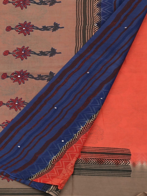 

Pothys Peach-Coloured & Blue Pure Cotton Floral Printed Saree