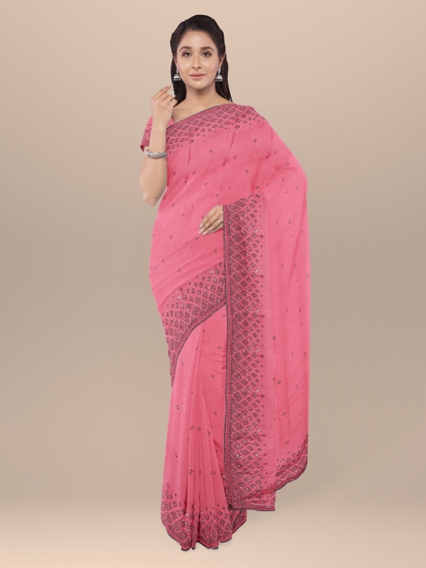 

KLM Fashion Mall Peach-Coloured Embellished Poly Georgette Saree