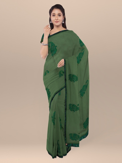 

KLM Fashion Mall Green Embroidered Poly Georgette Saree