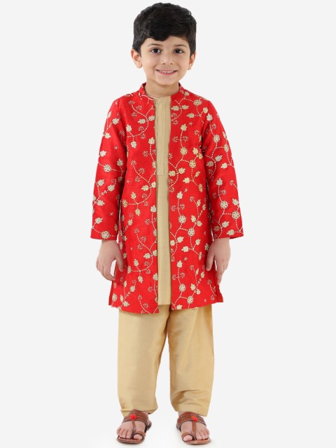 

Lil Peacock Boys Red & Gold-Coloured Embroidered Sherwani Set With Jacket