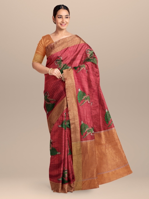 

KLM Fashion Mall Red & Green Silk Blend Woven Design Saree