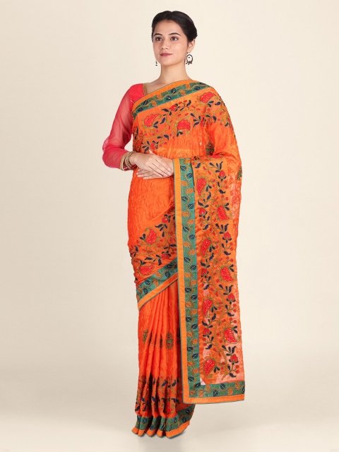 

CLAI WORLD Orange & Green Poly Georgette Floral Embroidered Handloom Saree