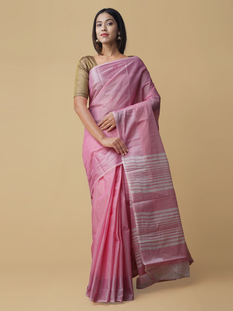 

Unnati Silks Pink Solid Pure Cotton Saree