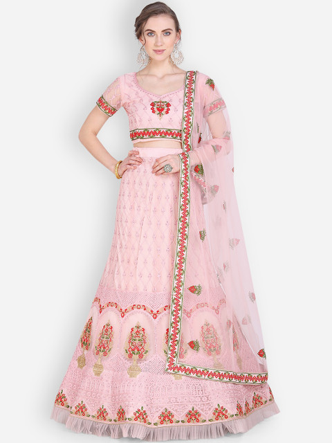 

Mitera Women Pink & Red Embroidered Semi-Stitched Lehenga & Unstitched Blouse with Dupatta