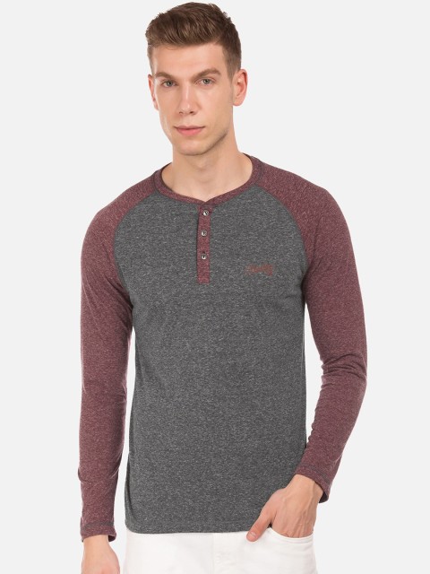 

Cherokee Men Charcoal Grey Colourblocked Henley Neck T-shirt