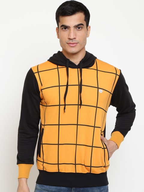 

GHPC Men Black & Yellow Checked Hooded Sweatshirt