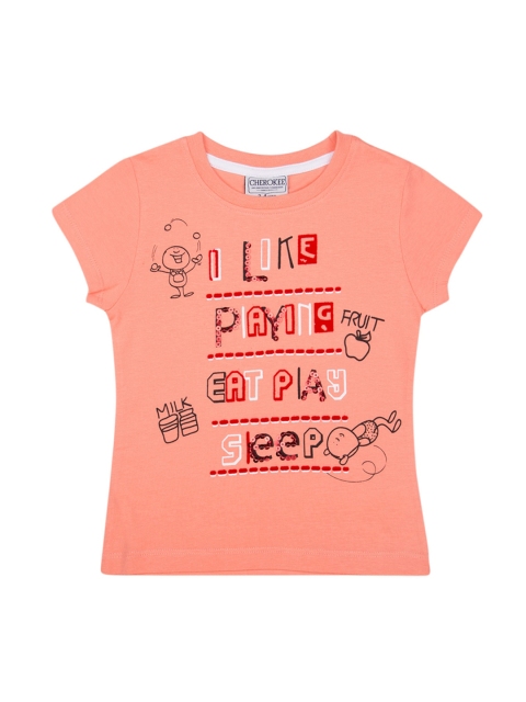 

Cherokee Girls Peach-Coloured Printed Round Neck T-shirt