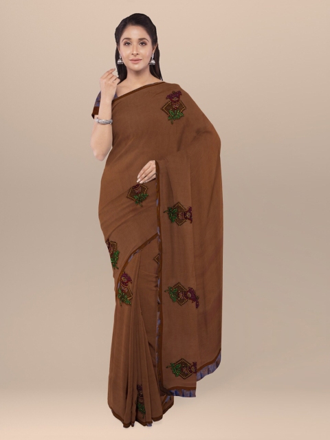 

KLM Fashion Mall Brown Embroidered Poly Georgette Saree