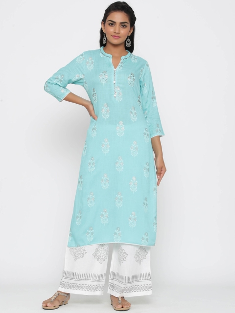 

WomenMagic Women Turquoise Blue & White Printed Kurta with Palazzos
