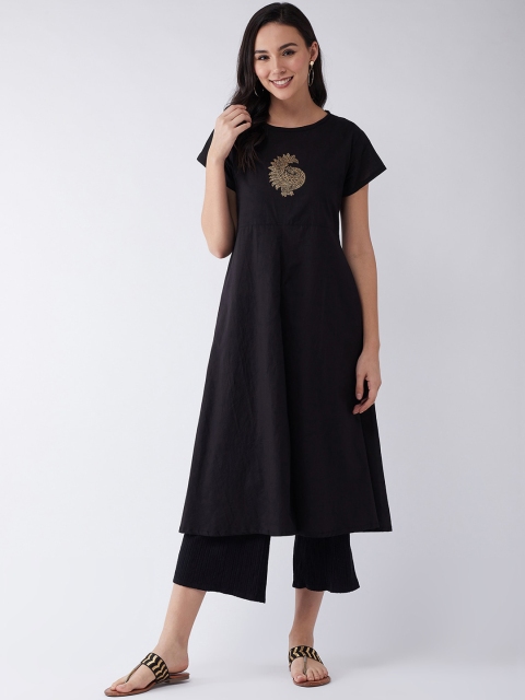 

InWeave Women Black & Gold-Toned Solid A-Line Kurta