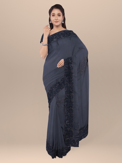 

KLM Fashion Mall Grey Solid Poly Georgette Saree