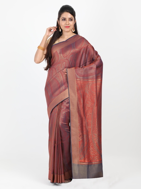 

SABOO COLLECTIONS Purple & Orange Silk Blend Woven Design Banarasi Saree
