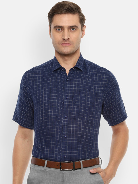 

Van Heusen Men Navy Blue Regular Fit Checked Formal Linen Shirt