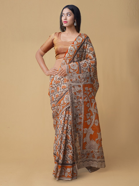 

Unnati Silks Cream-Coloured & Orange Pure Cotton Kalamkari Printed Printed Kota Saree