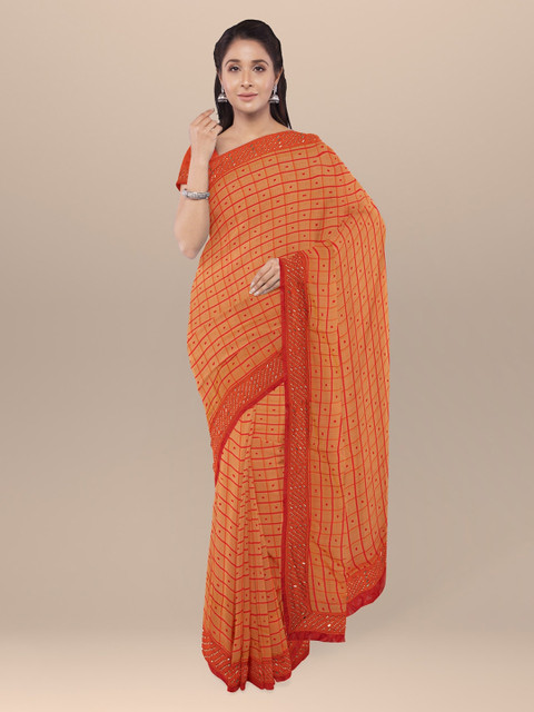 

KLM Fashion Mall Orange Checked Poly Chiffon Saree
