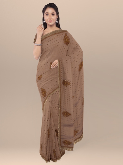 

KLM Fashion Mall Brown Embroidered Poly Georgette Saree