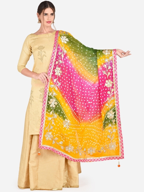 

Dupatta Bazaar Women Pink & Yellow Bandhani Dyed Gotta Patti Silk Dupatta