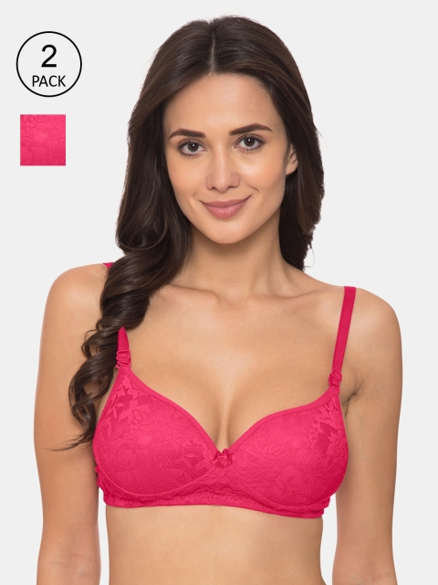 

KOMLI Pack of 2 Pink Self Design Non-Wired Heavily Padded T-shirt Bra K-9531