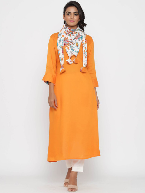 

WomenMagic Women Orange & White Solid Kurta with Trousers & Dupatta