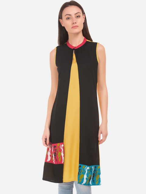 

Karigari Women Yellow & Black Colourblocked A-Line Kurta