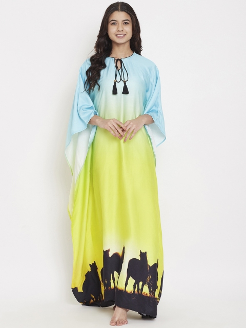 

The Kaftan Company Women Green & Blue Printed Dawn to Dusk Ombre Kaftan Nightdress