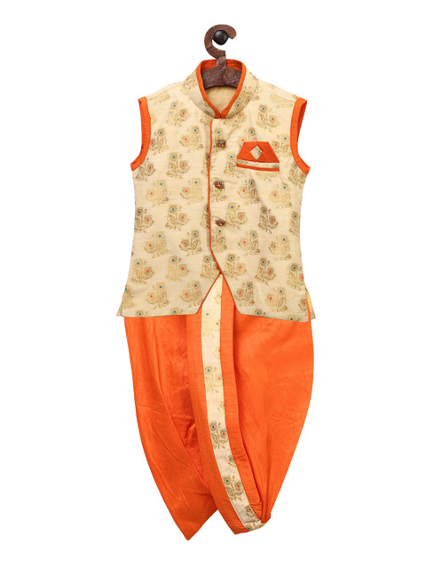 

Ridokidz Boys Cream-Coloured & Orange Self Design Kurti with Dhoti Pants