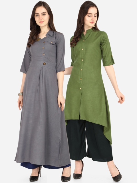 

Florence Women Pack Of 2 Green & Grey Solid A-Line Kurta