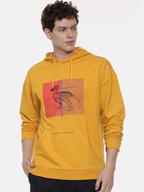 Breakbounce Men Mustard Yellow Printed Hooded Sweatshirt