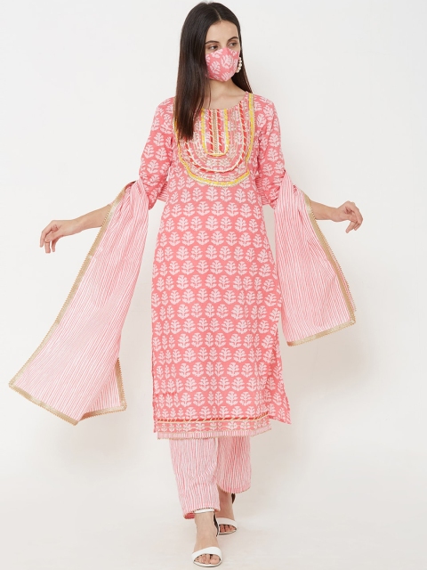 

FASHOR Women Pink Ethnic Motifs Printed Regular Gotta Patti Pure Cotton Kurta with Trousers & With Dupatta
