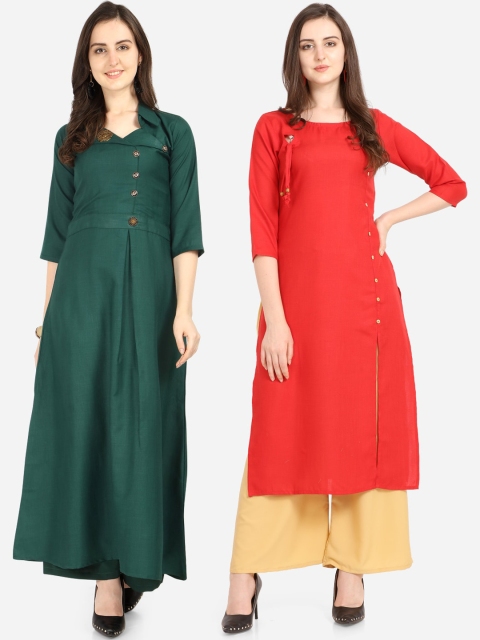

Florence Women Pack of 2 Green & Red Solid A-Line Kurta