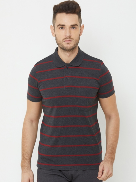 

Sweet Dreams Men Charcoal Grey & Red Striped Polo Collar T-shirt