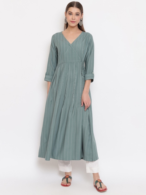 

Janasya Women Green & White Striped Anarkali Kurta