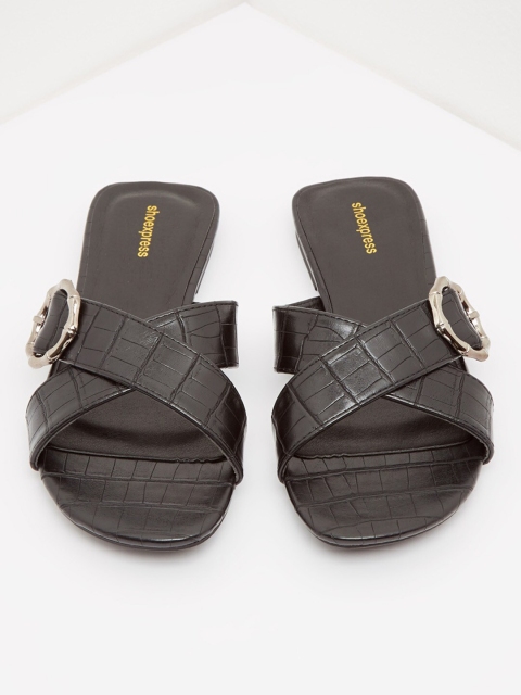 

shoexpress Women Black Textured PU Open Toe Flats
