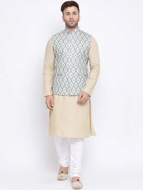 

NAMASKAR Men Cream-Coloured & White Self Design Kurta with Pyjamas & Nehru Jacket