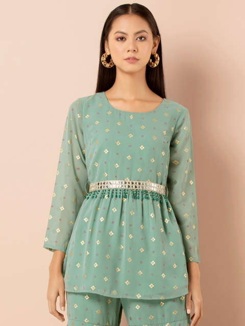 

INDYA Sage Foil Short Tunic with Attached Belt, Green