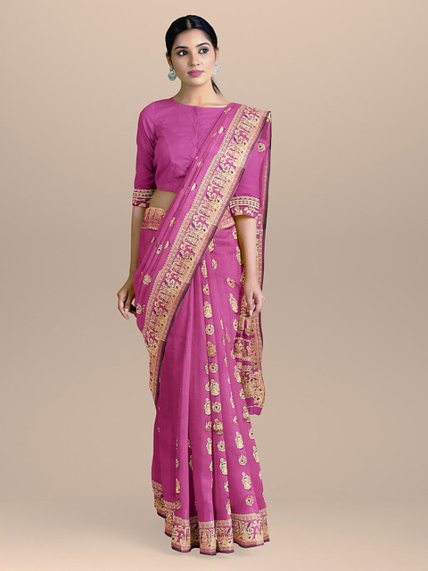 

BharatSthali Purple Woven design Silk Cotton Baluchari Sustainable Saree