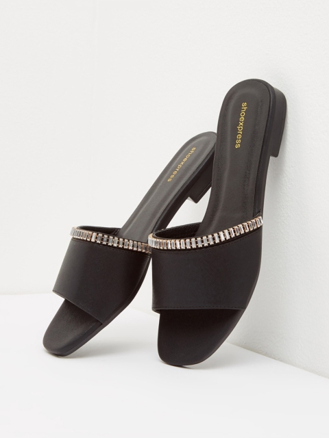 

shoexpress Women Black Embellished PU Open Toe Flats