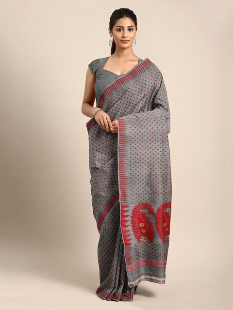 

Mitera Grey & Red Silk Cotton Woven Design Jamdani Saree