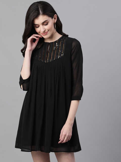 

Ishin Women Black Embellished A-Line Dress