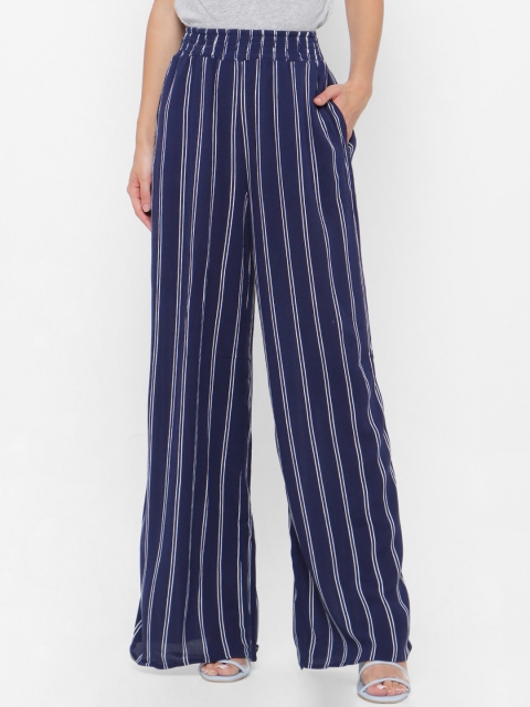 

FOREVER 21 Women Navy Blue & White Flared Striped Parallel Trousers