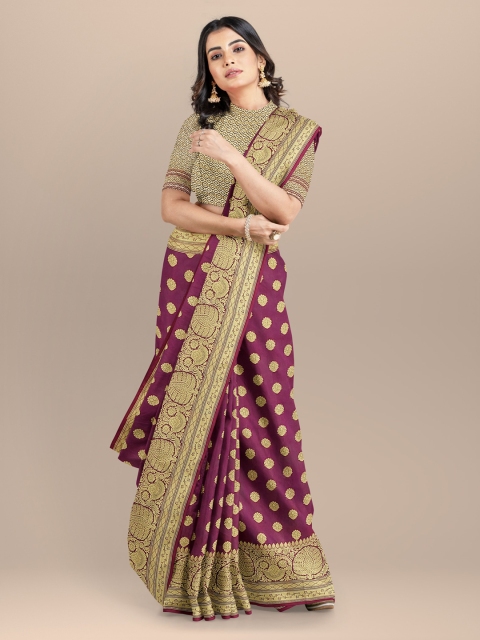 

BharatSthali Purple & Gold-Toned Silk Cotton Woven Design Banarasi Saree