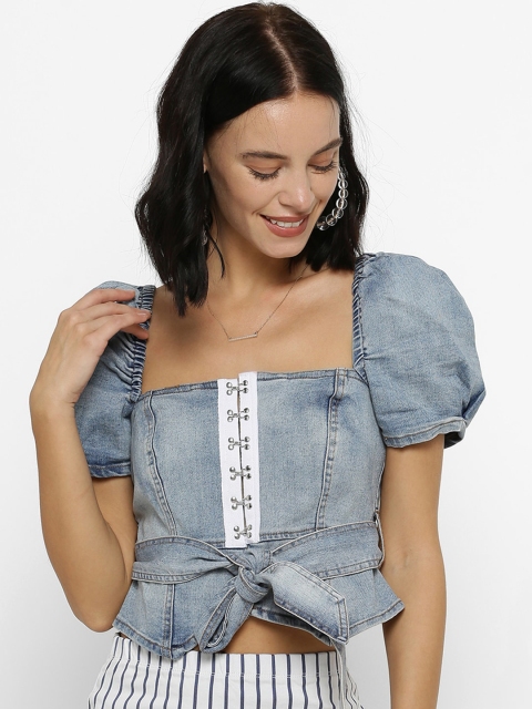 

FOREVER 21 Women Blue Solid Peplum Top