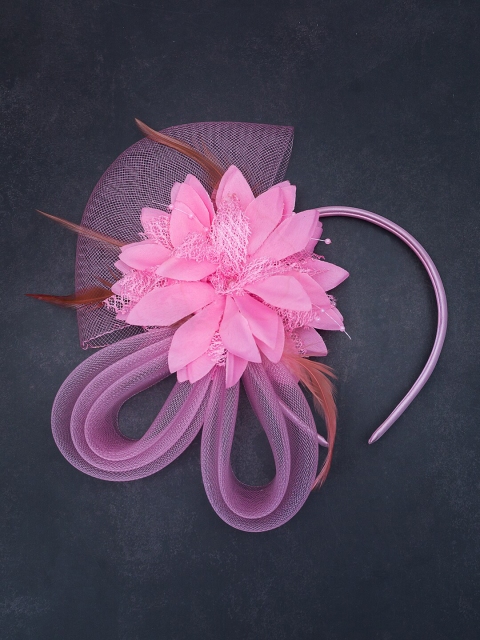 

Golden Peacock Women Pink Flower Hat Feather Synthetic Headband With clip