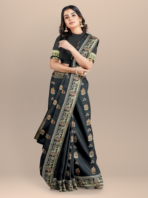 

BharatSthali Black & Gold-Toned Silk Cotton Woven Design Baluchari Saree