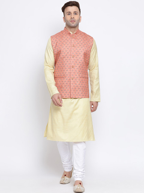 

NAMASKAR Men Cream-Coloured & White Self Design Kurta with Churidar & Nehru Jacket