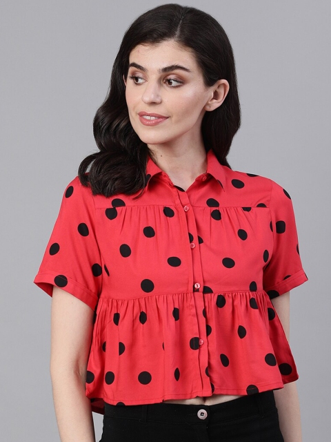 

Ishin Women Red Polka Dot Printed Crop Shirt Style Top