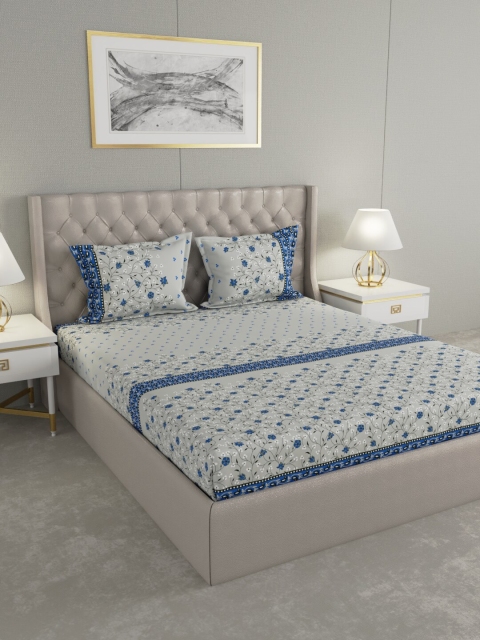 

Raymond Home Grey & Blue Floral-Print 104 TC Bedsheet With 2 Pillow Covers