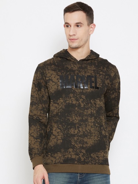 

Marvel by Wear Your Mind Men Olive Green & Beige Printed Hooded Sweatshirt